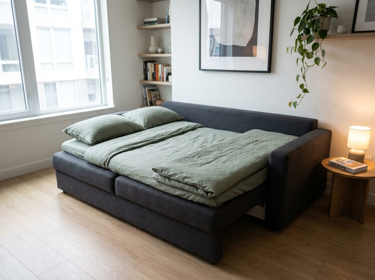 Canapé convertible déplié en lit d'appoint dans un salon moderne et compact, prêt à accueillir des invités