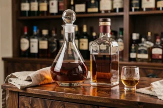 Carafe en cristal et bouteille de whisky posées côte à côte sur un meuble en noyer dans un bar à domicile élégant