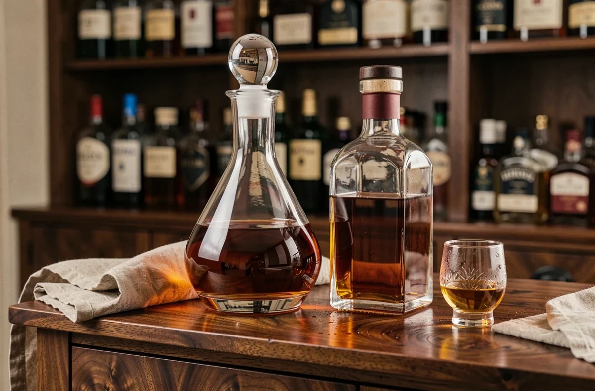 Carafe en cristal et bouteille de whisky posées côte à côte sur un meuble en noyer dans un bar à domicile élégant