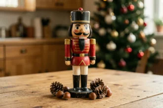 Casse noisette en bois sculpté peint en rouge et or posé sur une table en pin avec des noisettes et des pommes de pin pour Noël
