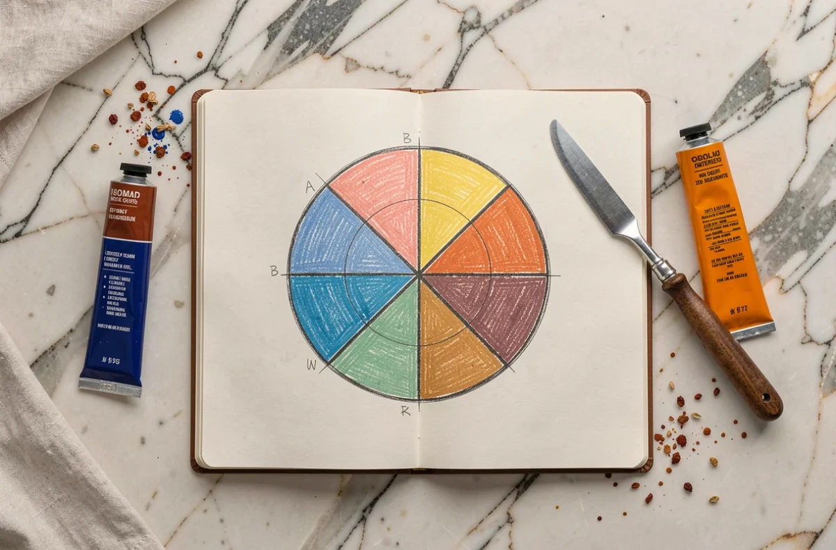 Vue du dessus d'un cercle chromatique dessiné à la main entouré de tubes de peinture bleu cobalt et orange complémentaire sur marbre