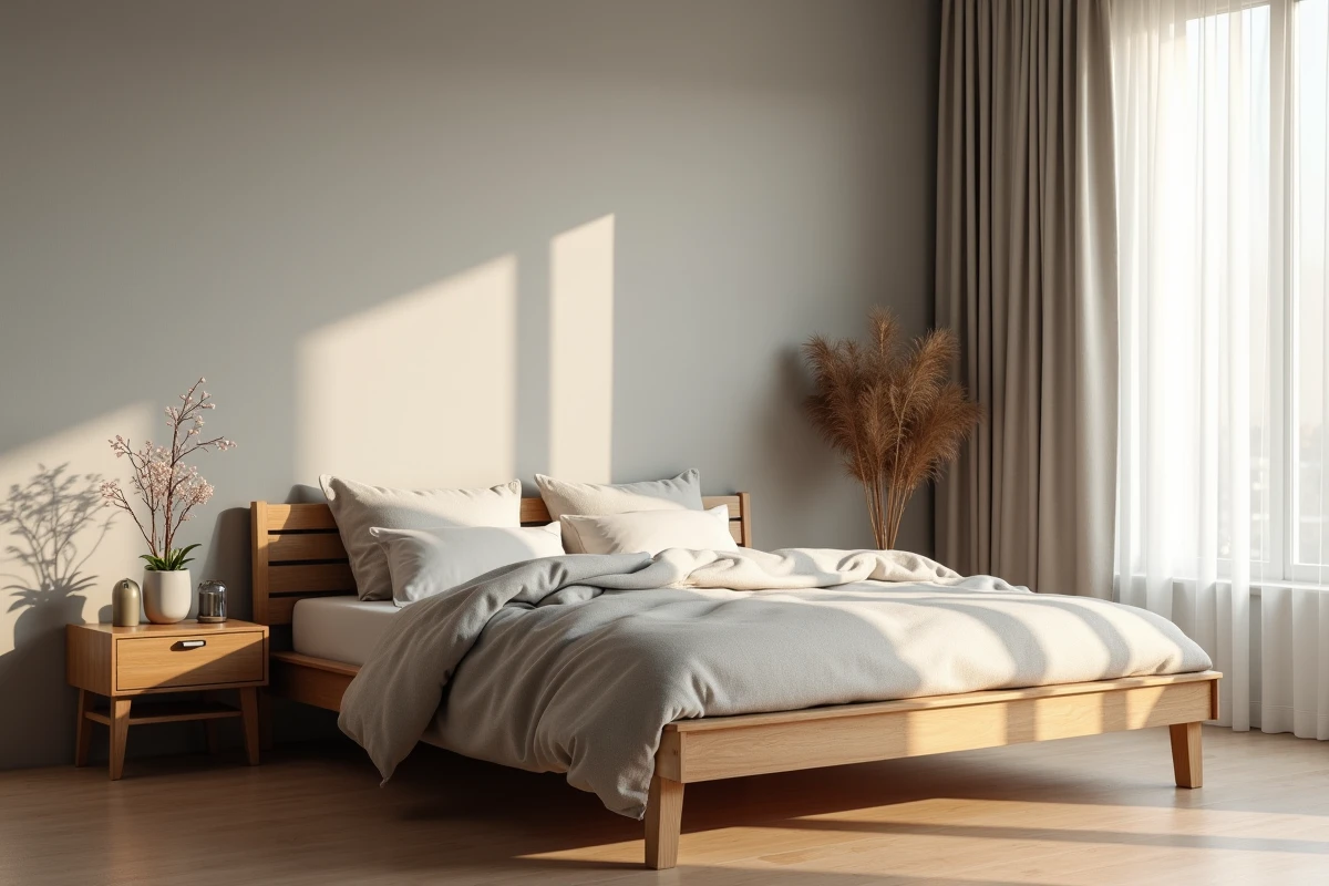 Chambre moderne avec lit en bois positionné selon les principes du Feng Shui, literie en lin et plante décorative