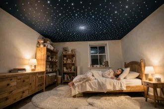 Chambre d'enfant avec plafond étoilé permanent à fibres optiques créant une atmosphère de galaxie apaisante la nuit
