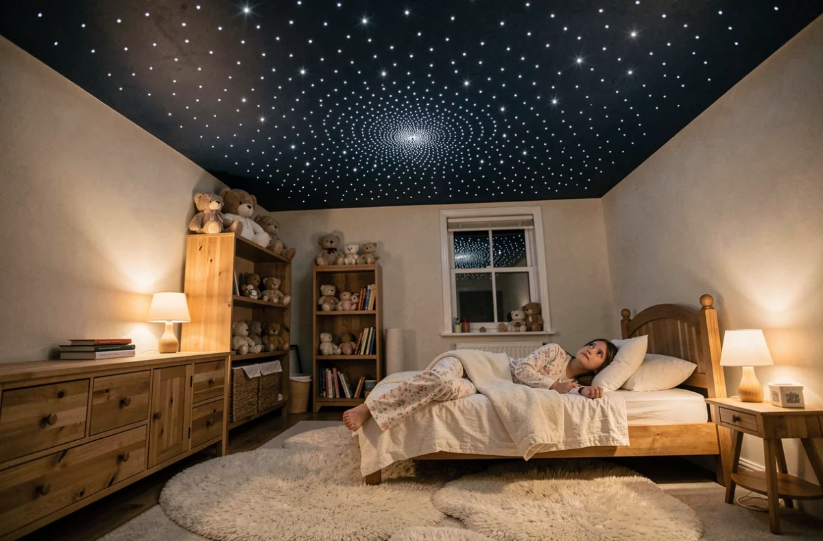 Chambre d'enfant avec plafond étoilé permanent à fibres optiques créant une atmosphère de galaxie apaisante la nuit