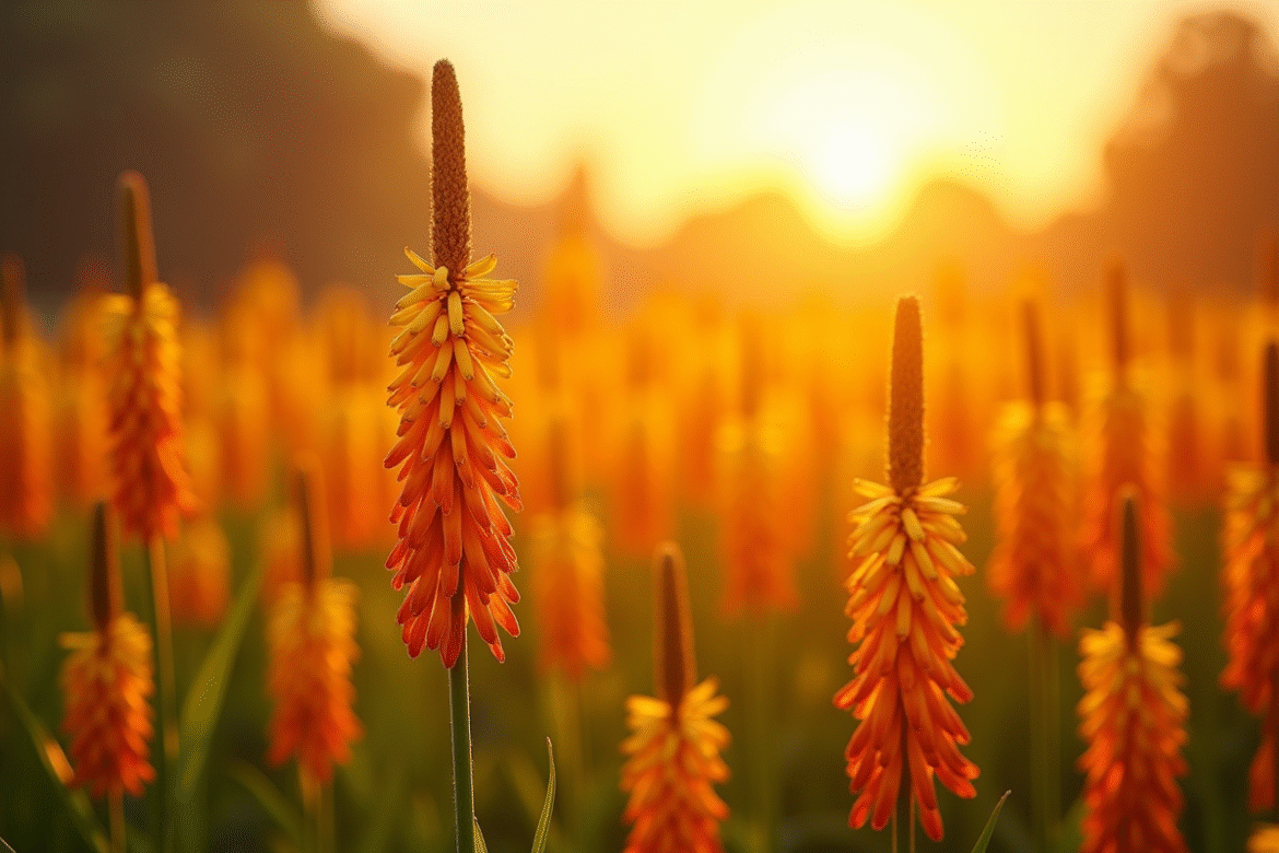 Champ de fleurs Eremurus au lever du soleil avec lumière dorée