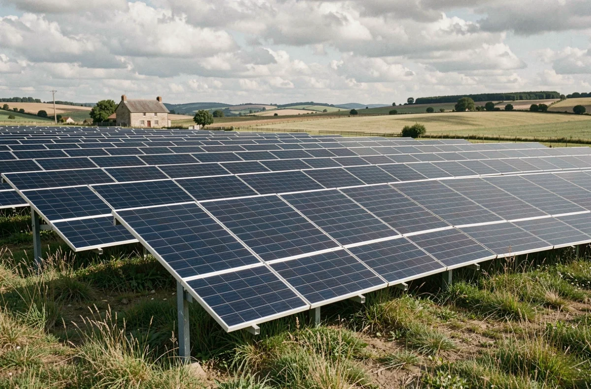 Rangées de panneaux solaires monocristallins au sol dans un paysage rural français avec ferme en arrière-plan