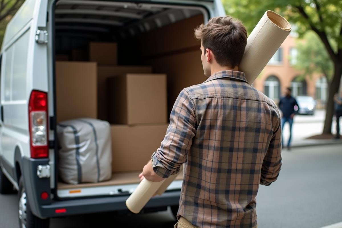 Jeune homme chargeant une toile dans un camion de déménagement