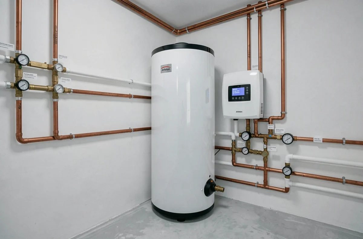 Ballon thermodynamique Ariston et unité de contrôle installés dans une chaufferie moderne