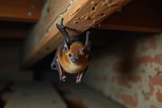 Chauve-souris brune accrochée à une poutre en bois dans un grenier de maison ancienne, symbolisant la présence de cet animal totem en intérieur