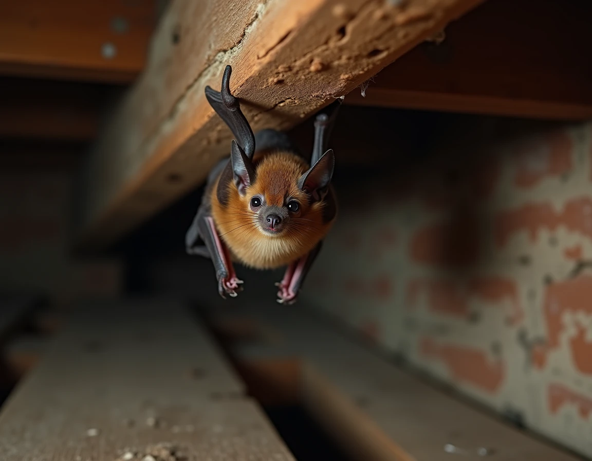 Chauve-souris brune accrochée à une poutre en bois dans un grenier de maison ancienne, symbolisant la présence de cet animal totem en intérieur