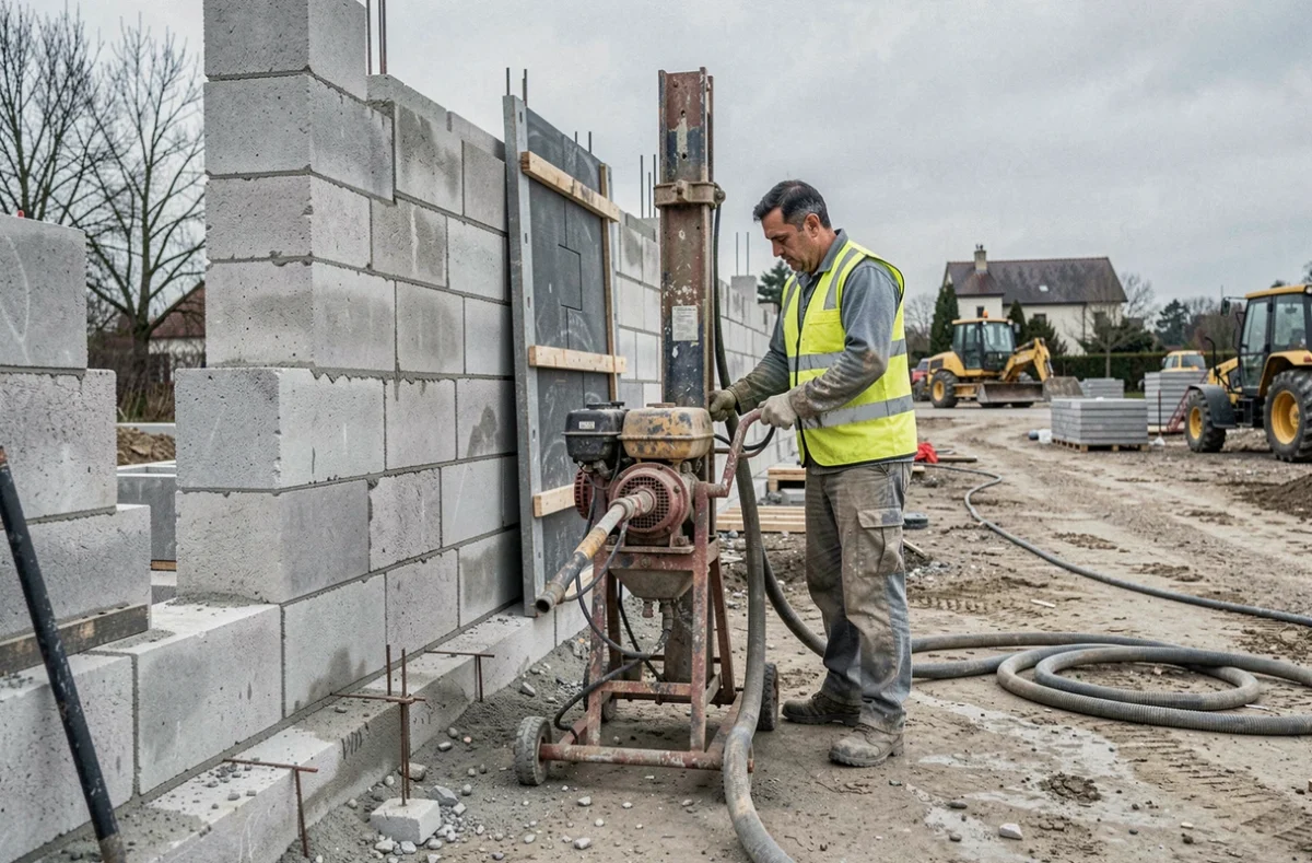 Ouvrier de Cinar Construction utilisant une pompe à mortier sur un chantier en Essonne