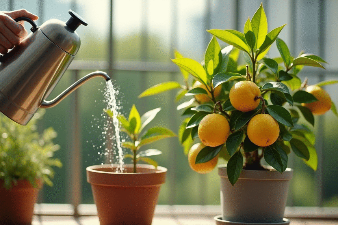 Citronnier en pot sur balcon lumineux avec citrons mûrs