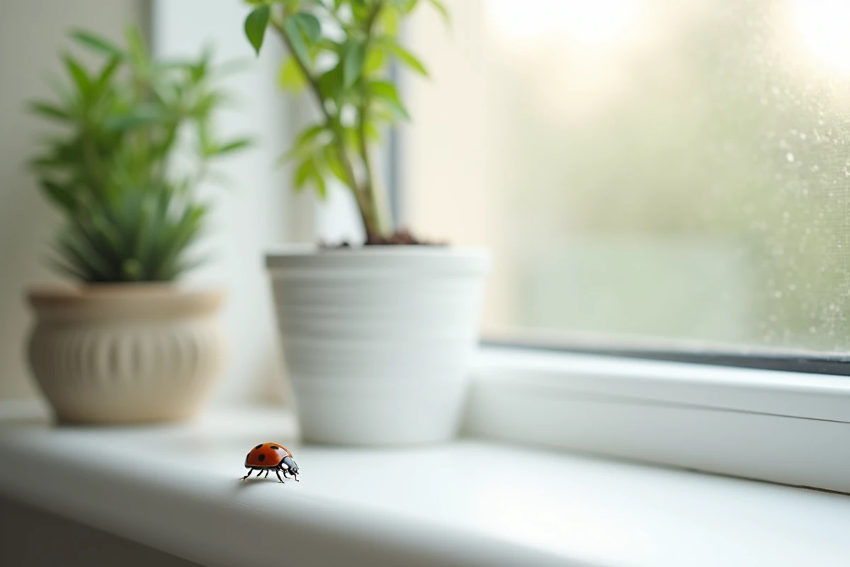 Coccinelle rouge traversant un rebord de fenêtre blanc dans un appartement moderne avec plantes porte-bonheur feng shui en arrière-plan
