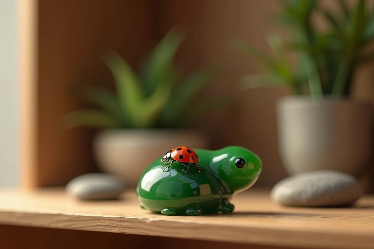 Coccinelle rouge posée sur une figurine feng shui en jade vert sur une étagère en bois entourée de bambous et galets, symbole de porte-bonheur
