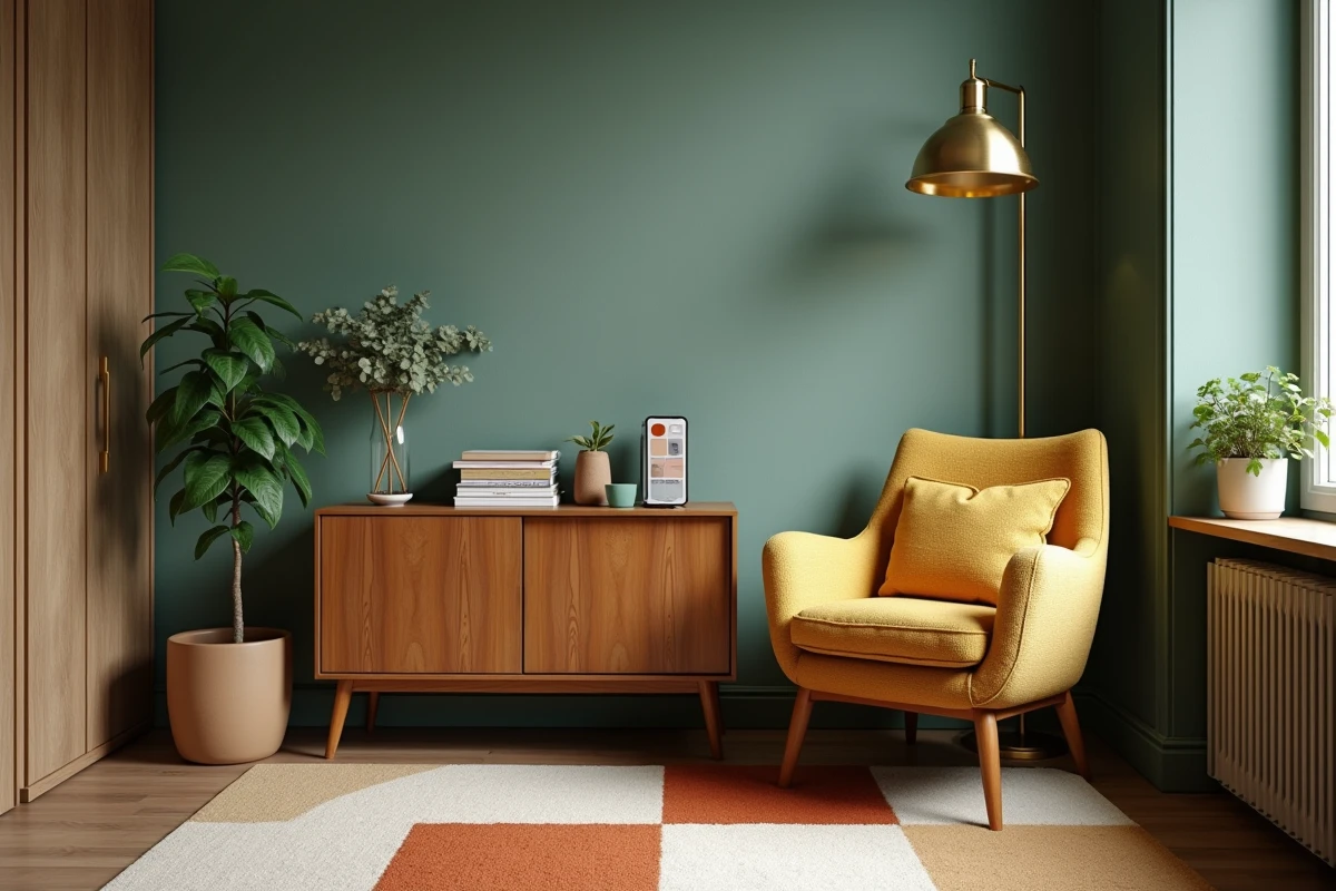 Coin salon compact et élégant avec application de décoration affichée sur smartphone, style intérieur raffiné en petit espace urbain