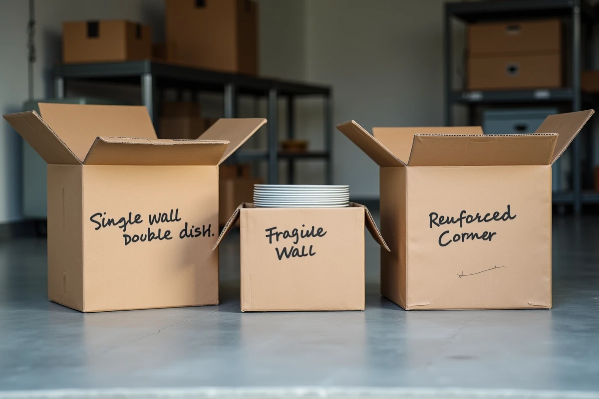 Comparaison de trois types de cartons de déménagement pour vaisselle fragile avec compartiments et étiquettes fragile