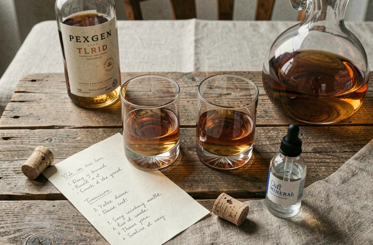 Vue en plongée de deux verres de dégustation de whisky comparant un échantillon en bouteille et un en carafe sur une table de dégustation en chêne