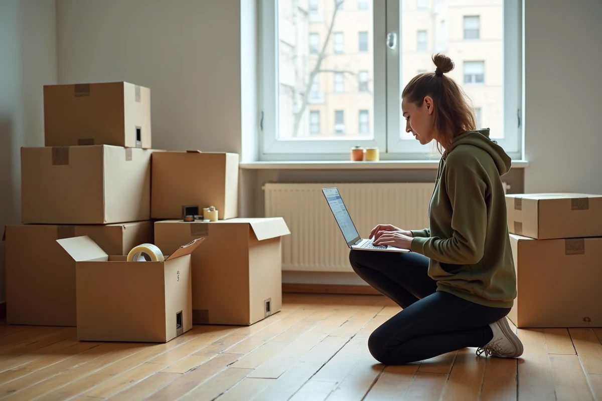 Femme comparant des devis de déménagement entourée de cartons désorganisés dans un appartement vide