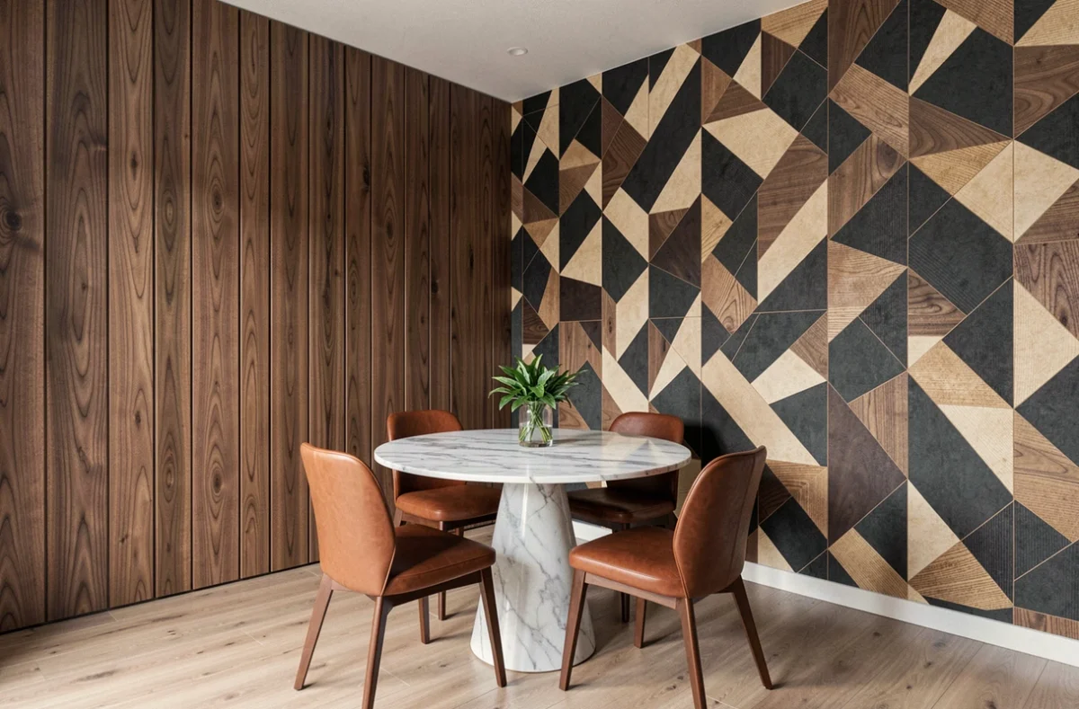 Comparaison panneau latte bois et papier peint panoramique géométrique dans une salle à manger moderne