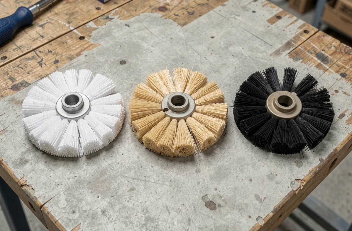 Comparaison de trois têtes de balai pour plafond en microfibre, coton et soies synthétiques posées sur une surface en béton gris
