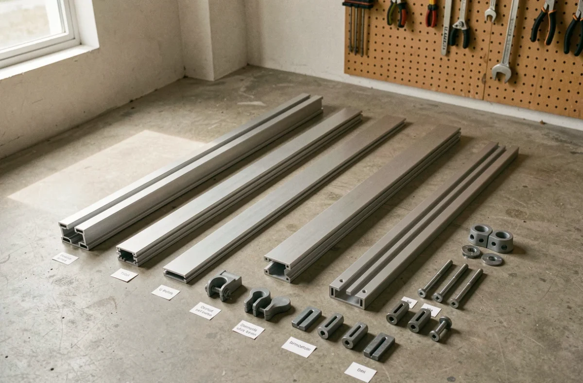 Comparaison de différents modèles de rails pour panneaux solaires posés sur un établi d'atelier avec accessoires de fixation