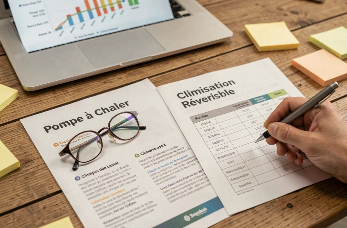 Comparaison de brochures pompe à chaleur et climatisation réversible sur un bureau