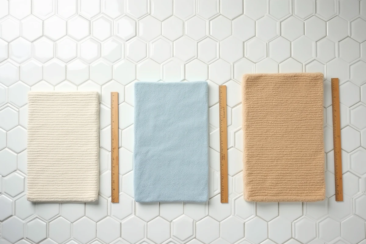 Comparaison de trois tailles de tapis antidérapants de bain 40x60 50x80 et 60x90cm posés côte à côte sur carrelage blanc