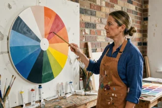 Professeure d'art désignant la complémentaire du bleu sur un cercle chromatique peint à la main dans un atelier créatif