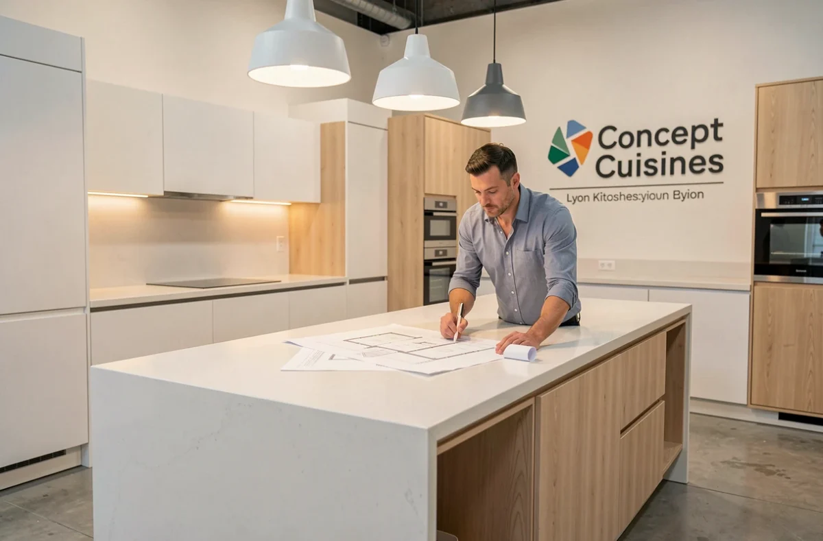 Designer présentant un modèle de cuisine moderne chez Concept Cuisines à Lyon