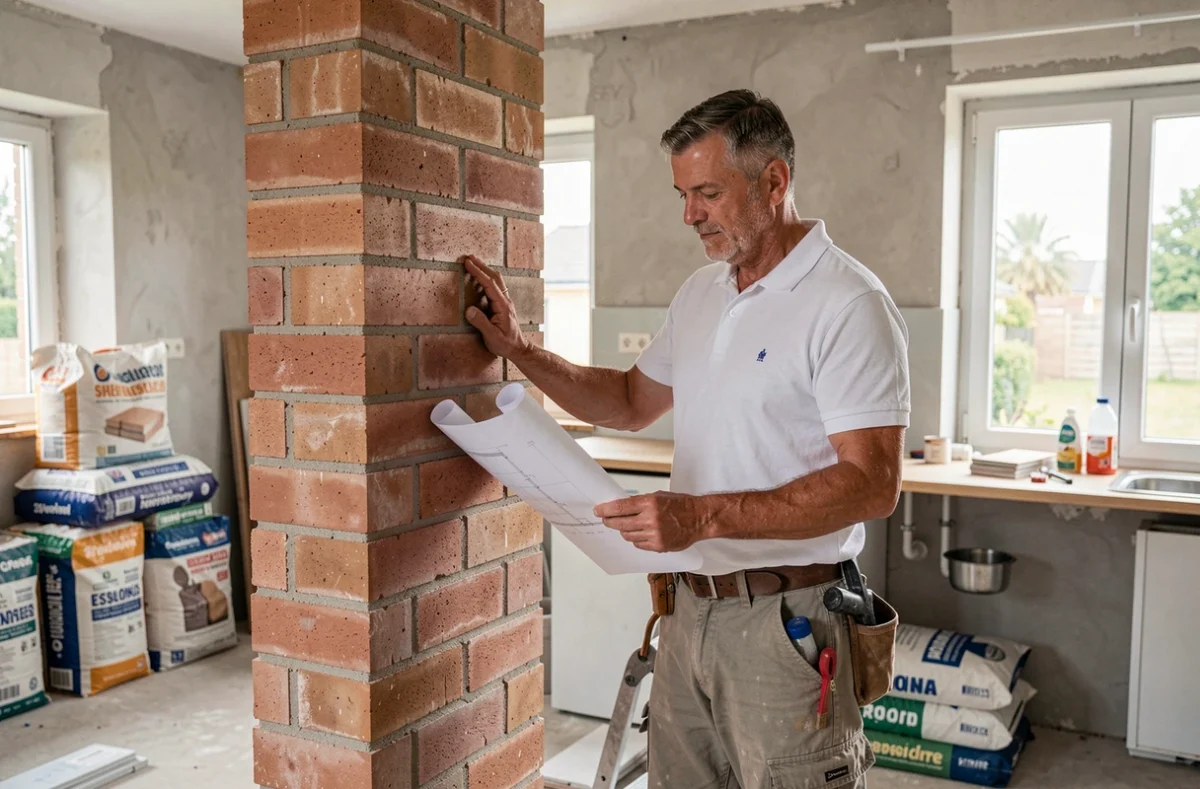 Professionnel de Concept Renovation étudiant des plans dans un chantier de rénovation en Essonne