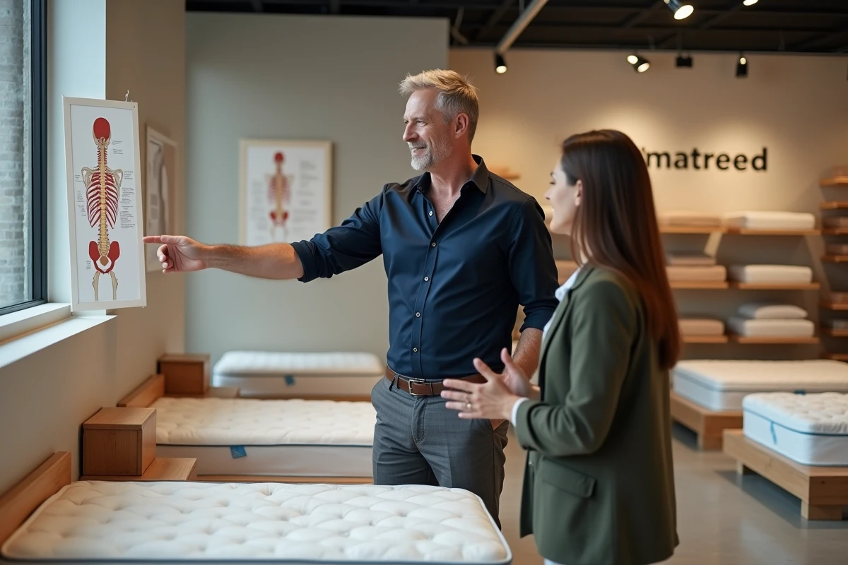 Conseiller expliquant les technologies de soutien d'un matelas Technilat à une cliente dans un showroom spécialisé