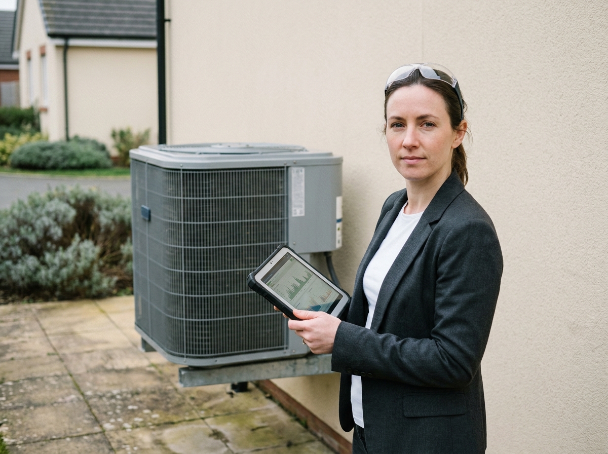 Consultante en efficacité énergétique analysant les performances d'un aérocondenseur résidentiel sur tablette numérique