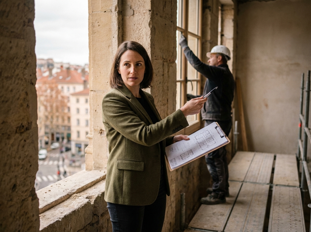 Consultante en rénovation évaluant l'installation d'un cadre de fenêtre sur une façade en pierre à Lyon