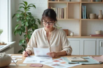 Femme consultant une planche de décoration et une liste de shopping pour un projet d'aménagement intérieur