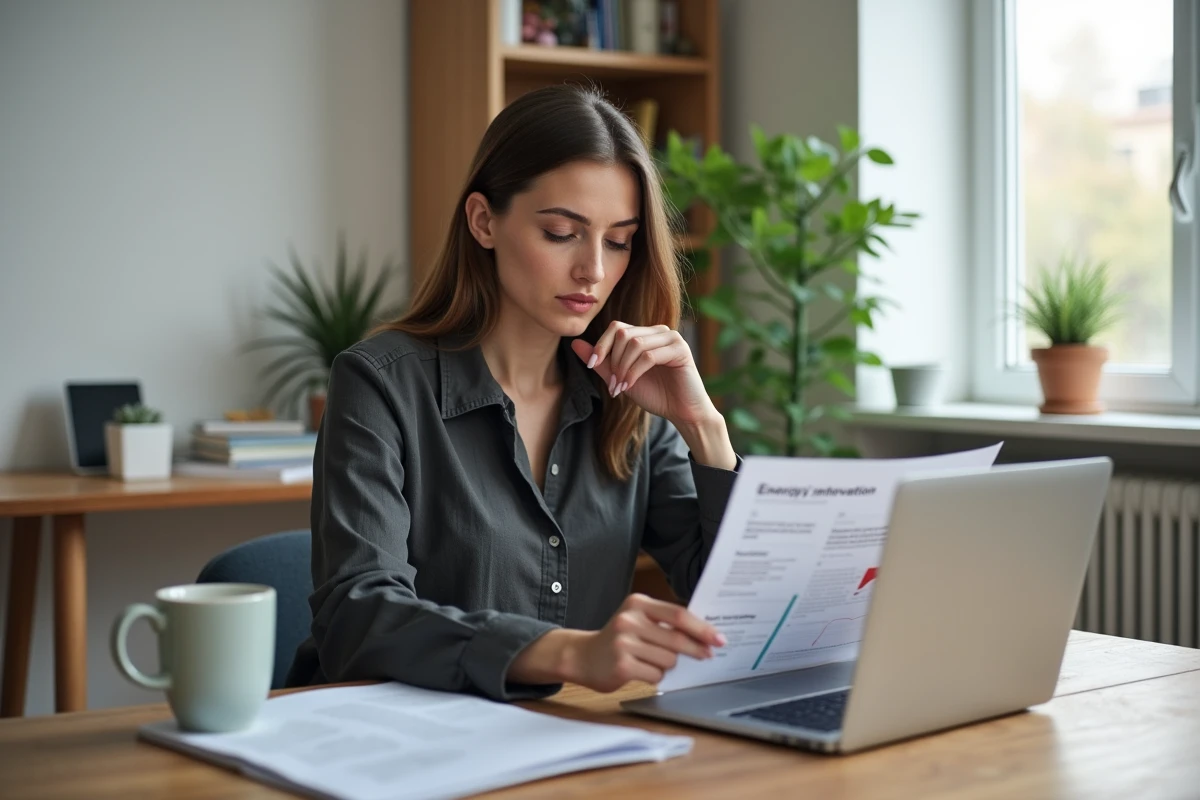 Femme consultant un rapport d'audit thermique en ligne depuis son bureau à domicile pour préparer une rénovation énergétique