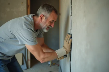 Artisan en rénovation appliquant une cornière en aluminium sur un angle de mur intérieur avec des outils de plâtrerie