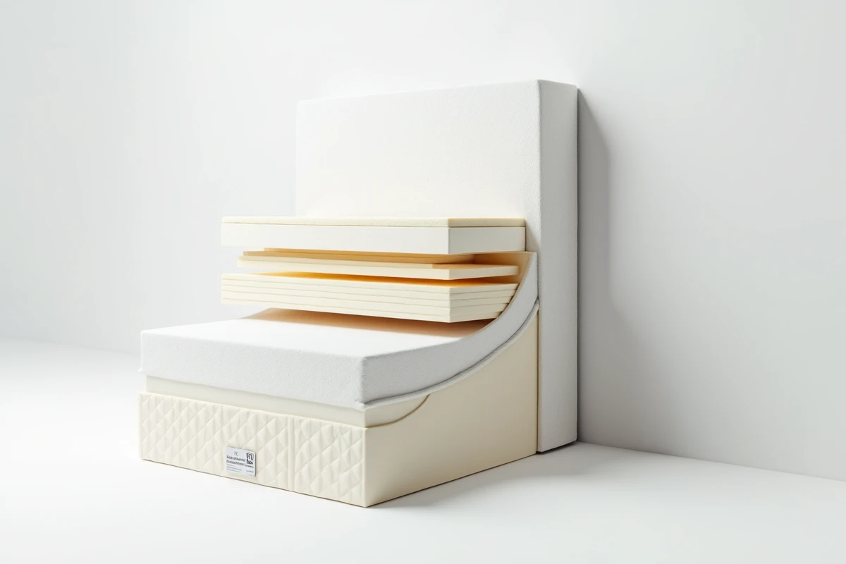 Coupe transversale d'un matelas hybride Technilat montrant les couches de mousse, latex et ressorts ensachés