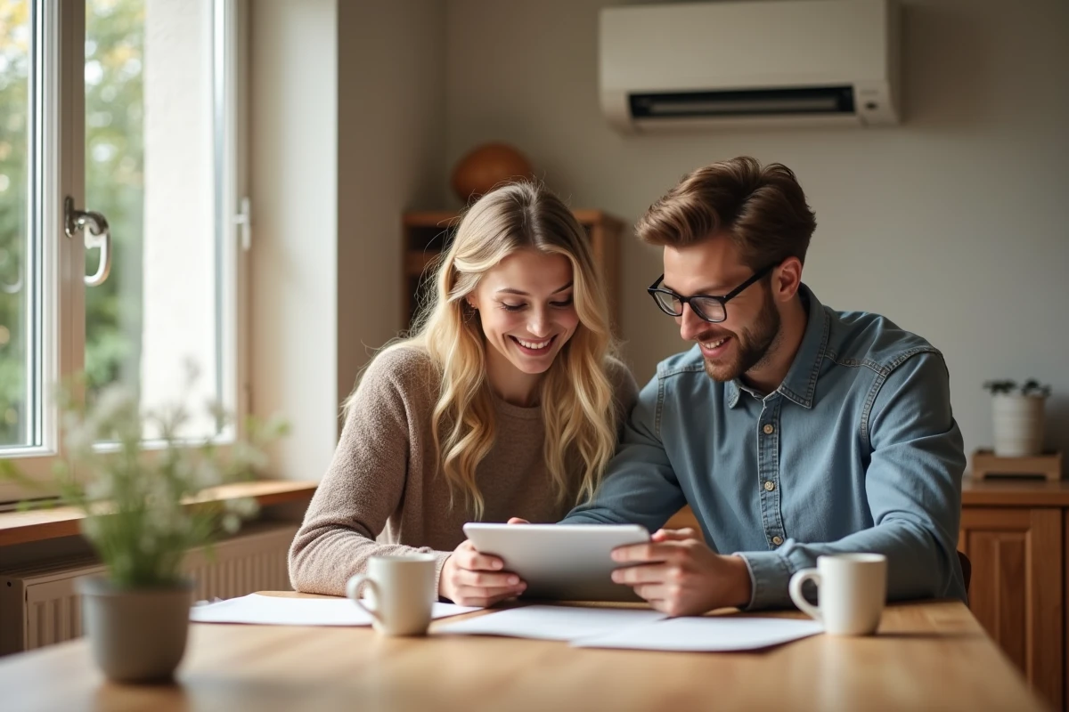 Couple regardant une tablette dans une salle lumineuse avec pompe à chaleur