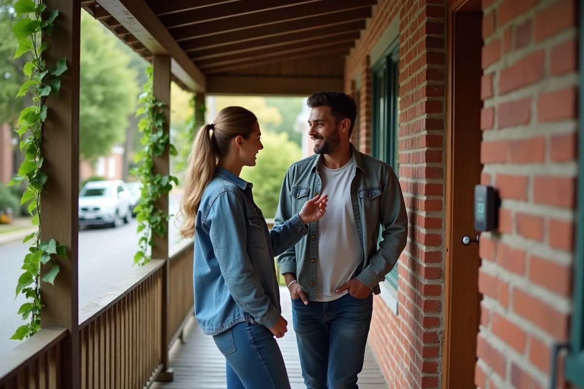 Couple de propriétaires devant leur maison rénovée avec pompe à chaleur et thermostat intelligent installés