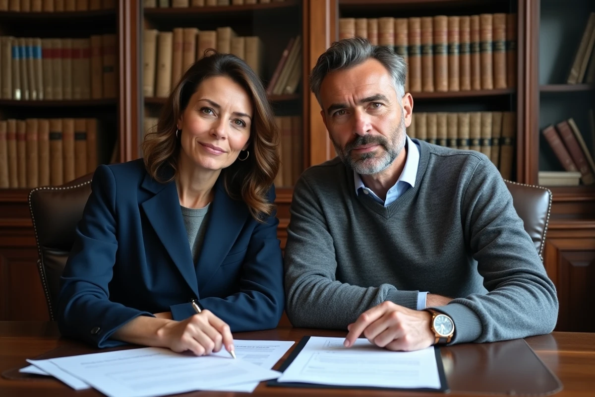 Couple en rendez-vous chez le notaire consultant les documents d'urbanisme avant l'achat d'un terrain constructible