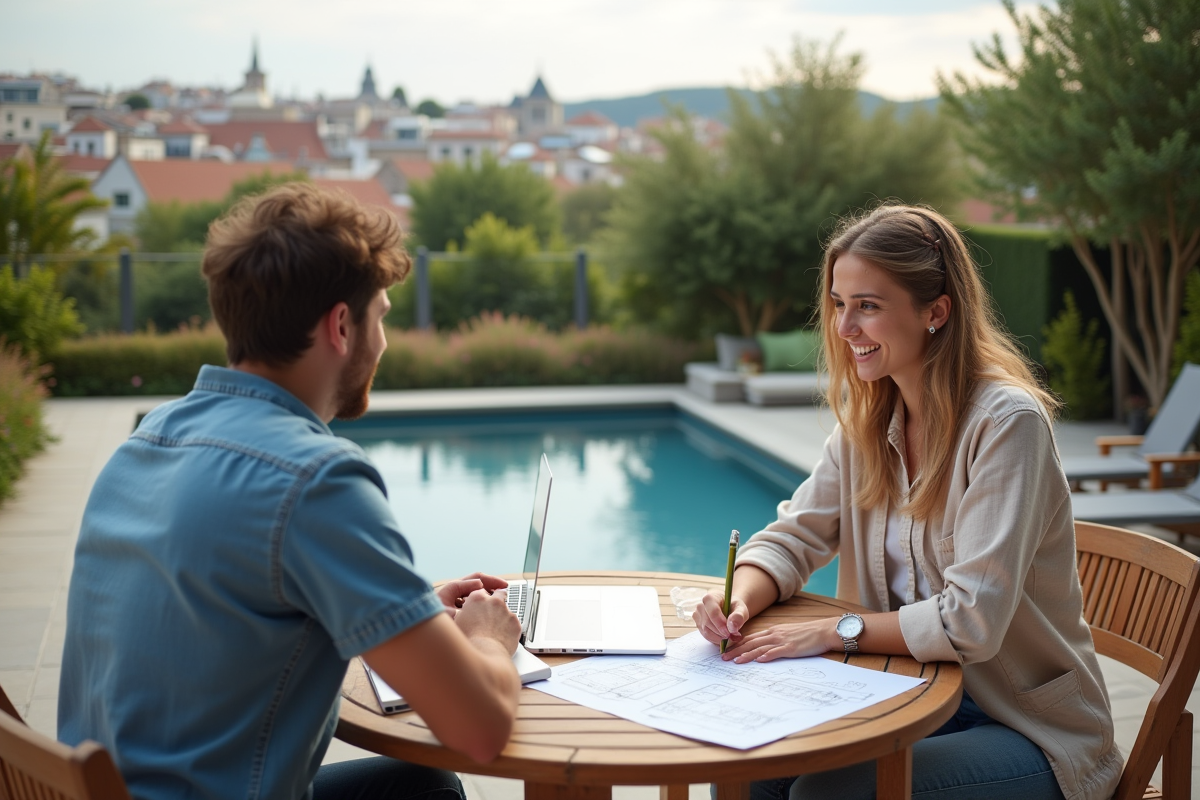 Jeune couple discutant de la conception de la piscine