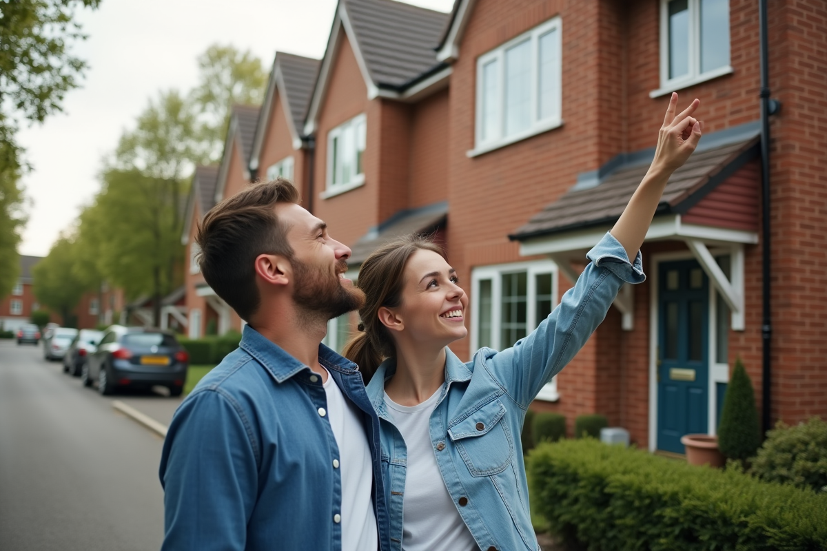 Jeune couple regardant leur maison avec fierte et espoir