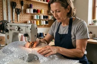 Femme cousant une bâche à bulle étanche sur une machine à coudre industrielle dans un atelier fait maison