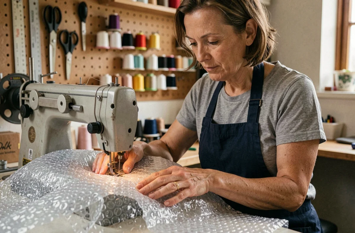 Femme cousant une bâche à bulle étanche sur une machine à coudre industrielle dans un atelier fait maison