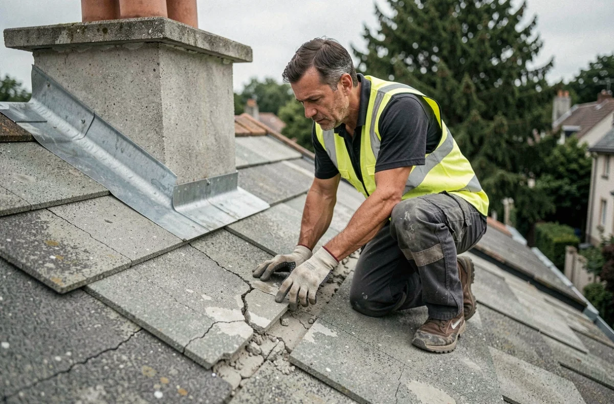 Couvreur professionnel évaluant les dégâts sur une toiture avec faîtière fissurée et joints détériorés après traitement incorrect