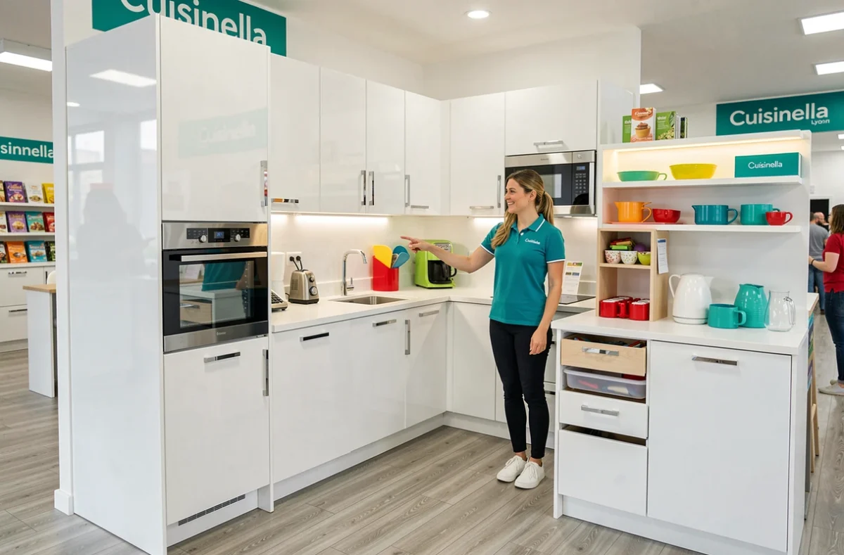 Conseillère de vente chez Cuisinella Lyon présentant une cuisine blanche modulable