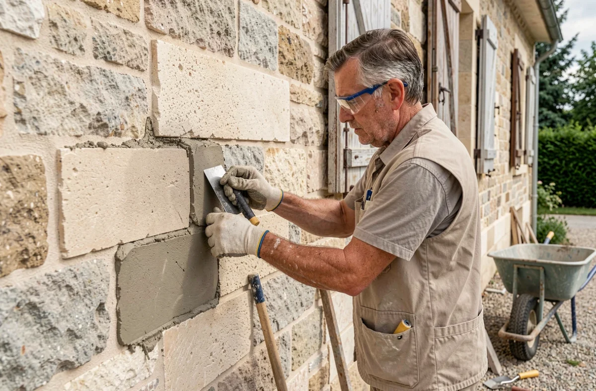 Maçon de Debarre Maçonnerie appliquant du mortier sur un mur en pierre en Essonne