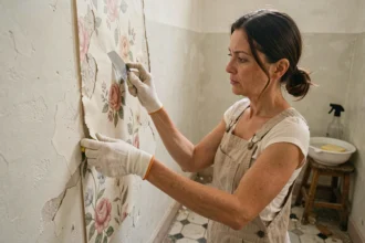 Femme décollant délicatement du papier peint sur un mur en plâtre fragile dans une salle de bain ancienne