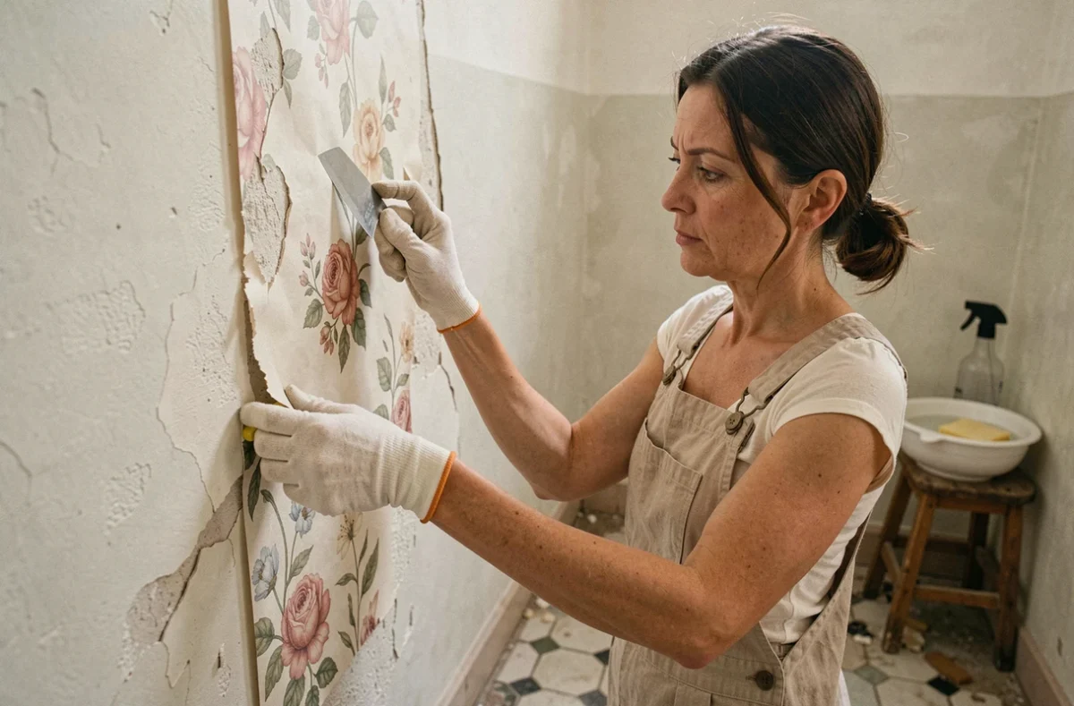 Femme décollant délicatement du papier peint sur un mur en plâtre fragile dans une salle de bain ancienne