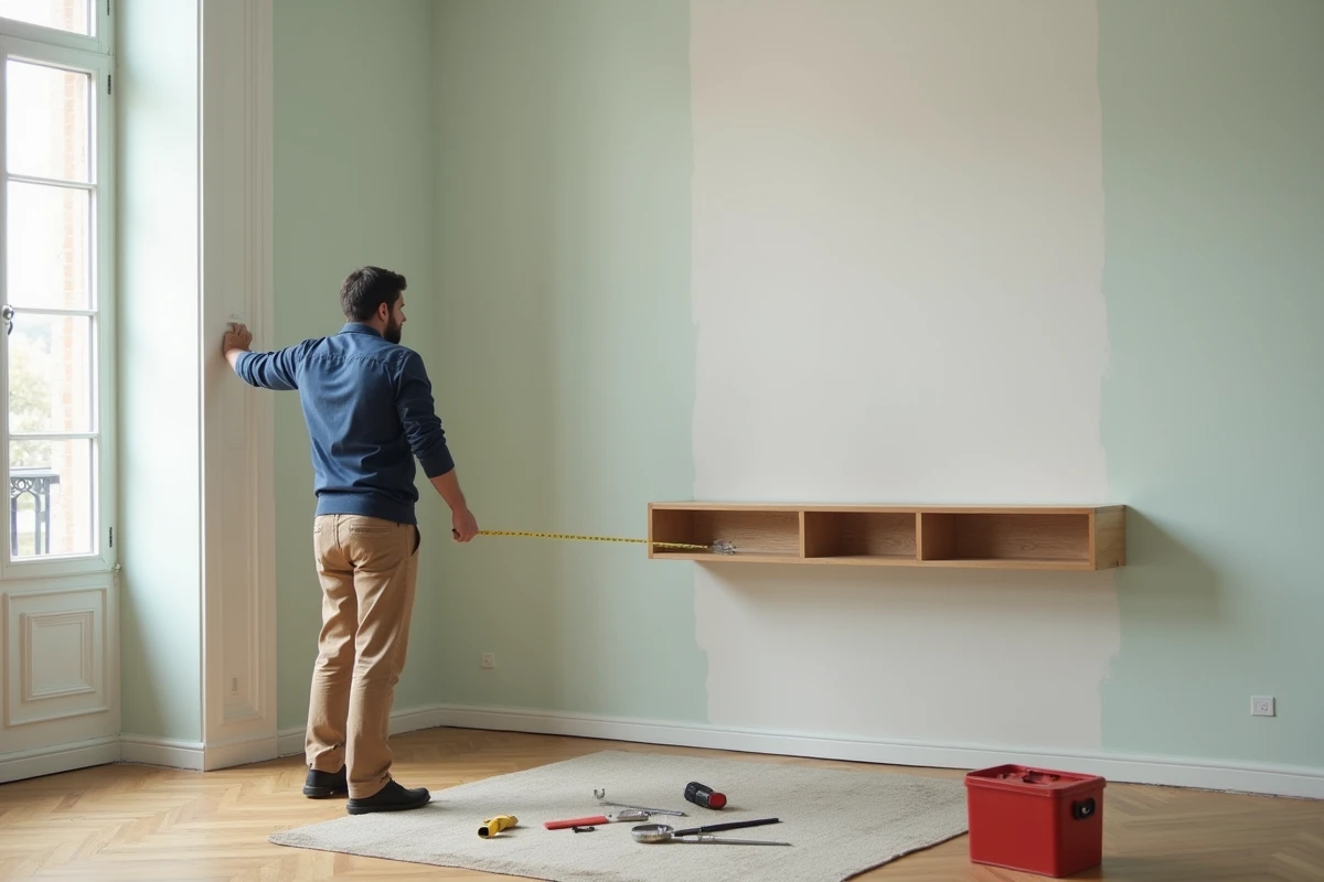 Jeune decorateur mesurant un mur dans un appartement
